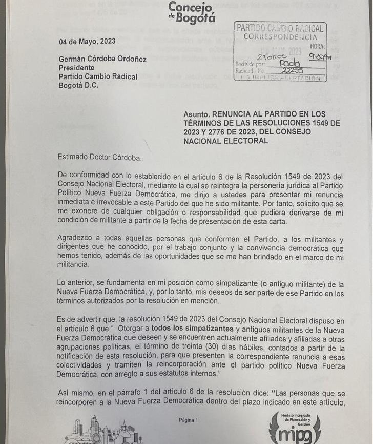 Concejal de Bogotá renuncia a Cambio Radical