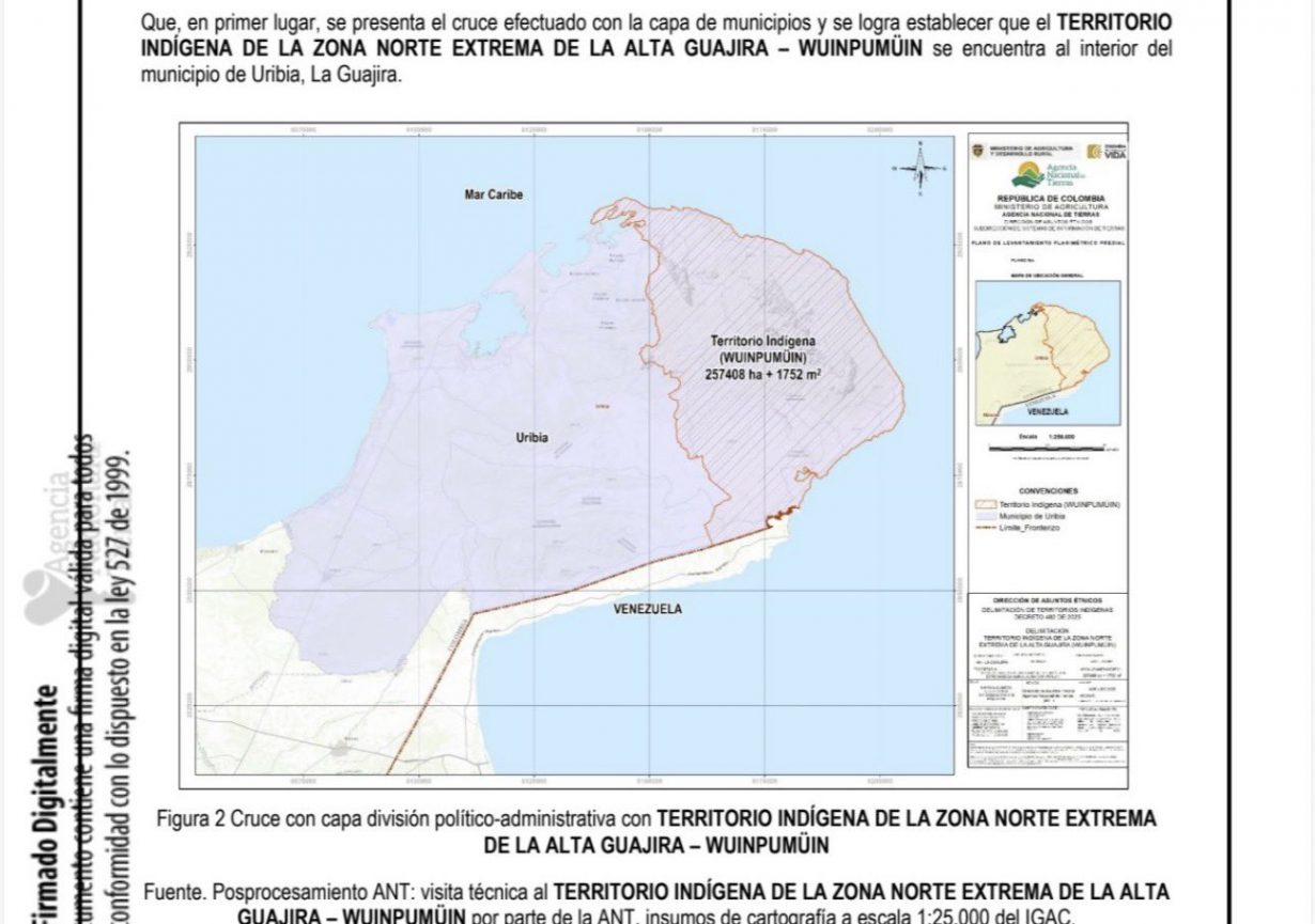TERRITORIO INDÍGENA DE LA ZONA NORTE EXTREMA DE LA ALTA GUAJIRA – WUINPUMÜIN con fines político-administrativos especiales con un área de 257.408 ha + 1.752 m2”.