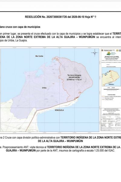 HKoH1L0WYAA-pSx TERRITORIO INDÍGENA DE LA ZONA NORTE EXTREMA DE LA ALTA GUAJIRA – WUINPUMÜIN con fines político-administrativos especiales con un área de 257.408 ha + 1.752 m2”.