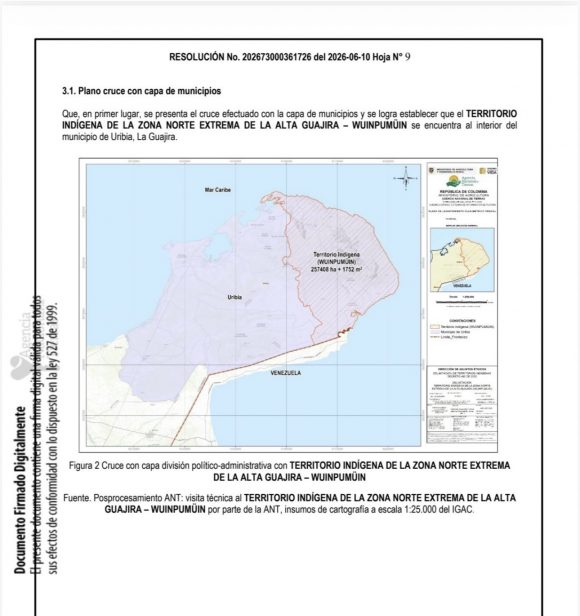 TERRITORIO INDÍGENA DE LA ZONA NORTE EXTREMA DE LA ALTA GUAJIRA – WUINPUMÜIN con fines político-administrativos especiales con un área de 257.408 ha + 1.752 m2”.