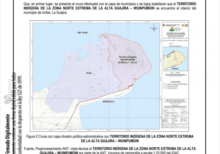 HKoH1L0WYAA-pSx TERRITORIO INDÍGENA DE LA ZONA NORTE EXTREMA DE LA ALTA GUAJIRA – WUINPUMÜIN con fines político-administrativos especiales con un área de 257.408 ha + 1.752 m2”.